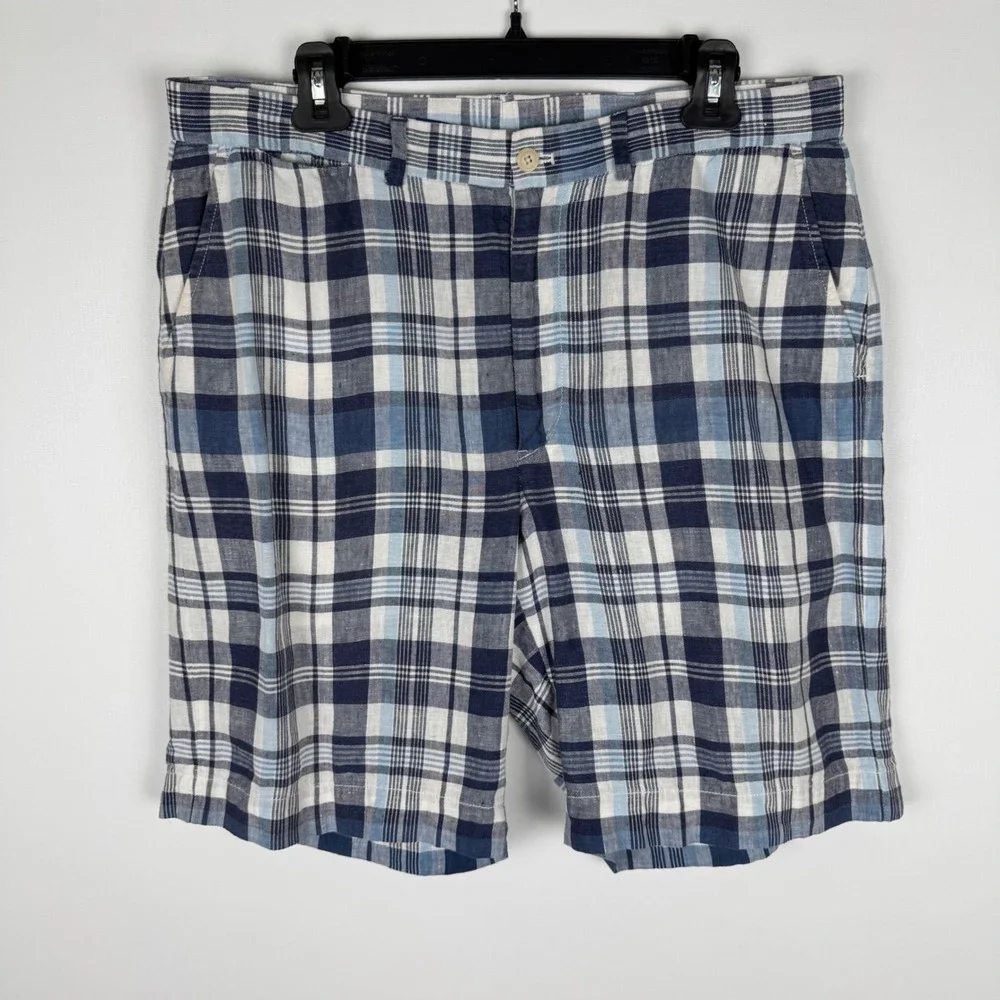 Polo Golf Ralph Lauren Plaid 100% Linen Shorts Mens 36W Blue White Flat Front 9